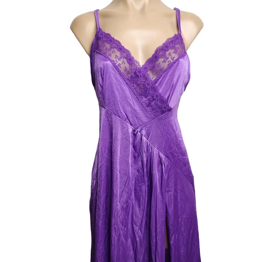 Vintage Undercover Wear Long Purple Nylon and Lace Night Gown Side Slit